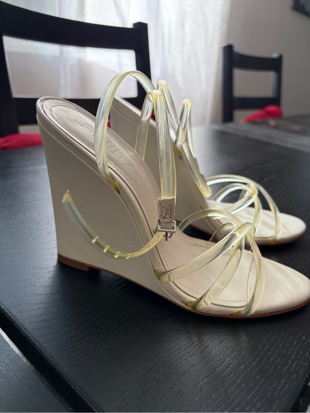 Schutz White Wedge Sandals with Clear Straps